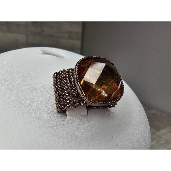 Copper Colored Large Orange Stone Mesh Chain Ring, Size 6 - Picture 2 of 4